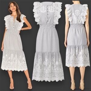Saylor Striped Gray White Floral Embroidered Midi Dress Romantic Cottage Eyelet